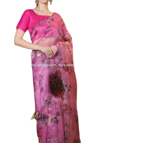 Thulian Pink Floral Printed With Embroidered Border