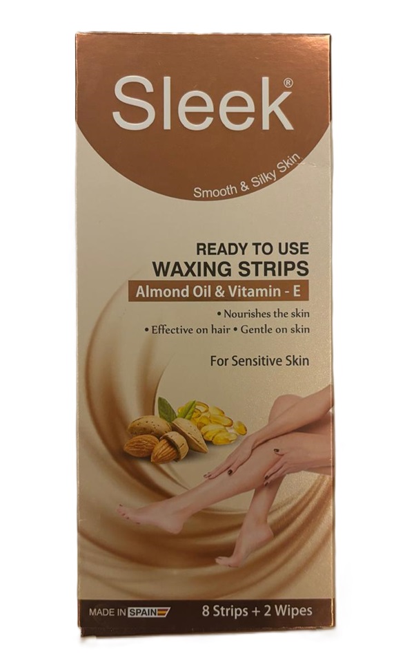 Sleek ready to use waxing strips Almond oil & Vitamin-E (8 strips + 2 wipes)